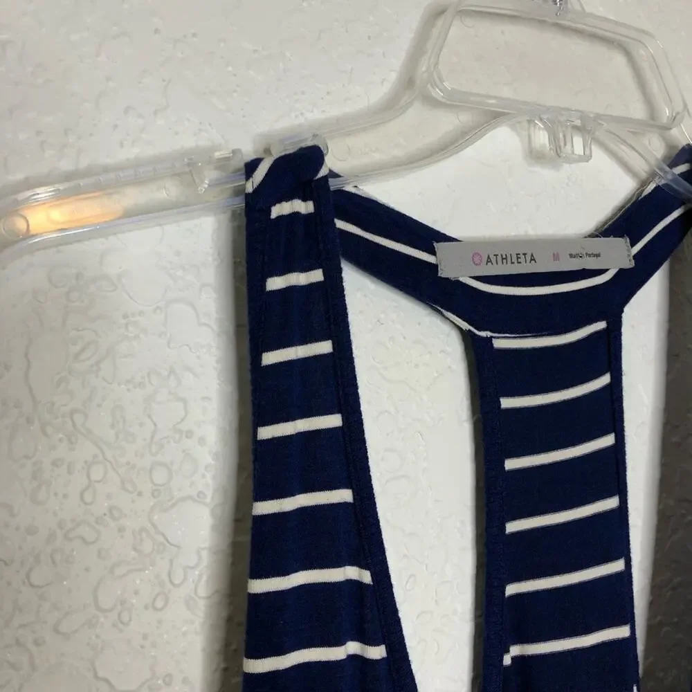 Athleta blue white striped ruched skirt racerback tank midi dress size Medium